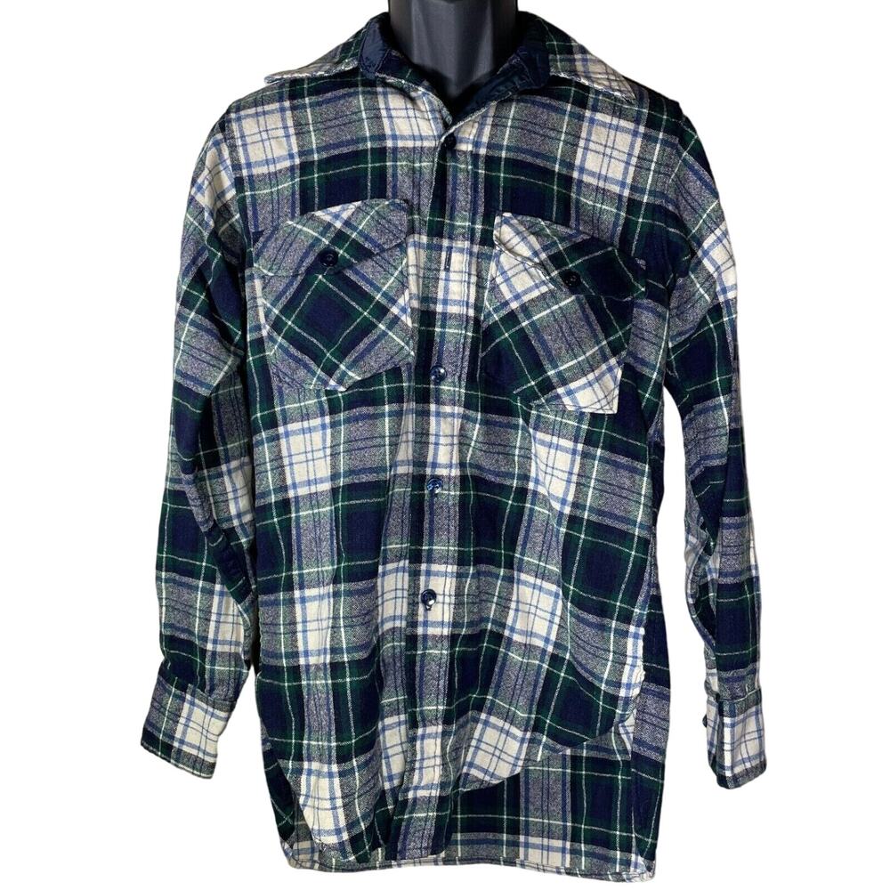 VTG 1960s Woolrich Flannel Shirt Mens S Wool Green‎ Blue Plaid Button Down EUC